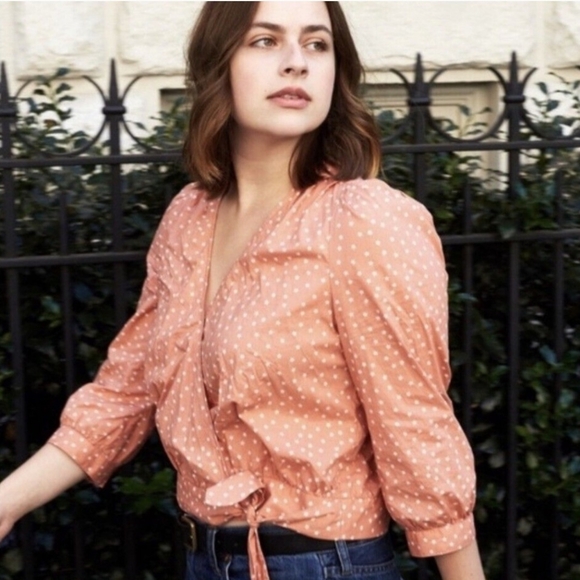 Madewell Tops - Madewell Wrap Top Blouse Size Medium Coral Star Print Quarter-Sleeve Lightweight